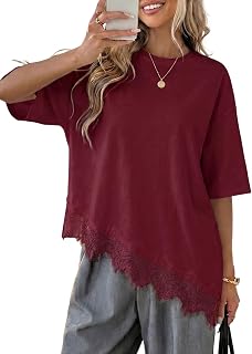 Women Casual Crew Neck Half Sleeve Shirts Asymmetrical Lace Hem Tops