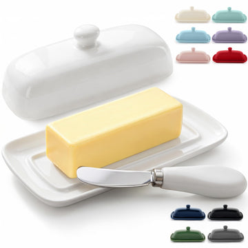 Zulay Kitchen Porcelain Butter Dish with Lid and Knife, White