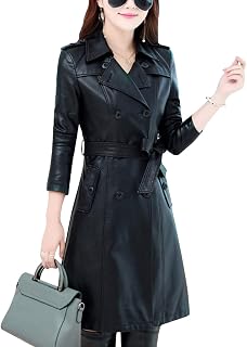 Tanming Womens Fashion Lapel Double Breasted Lambskin Leather Mid Long Jacket Coat