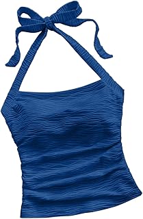 Womens Cute Crop Halter Tops Tie Back Textured Going Out Tank Top Ruched Slim Y2k Camisole Summer Vacation Cami Shirt