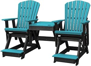 Blue Double Balcony Height Glider, Elevated 2-Seater with Center Table, All-Weather HDPE Patio Furniture