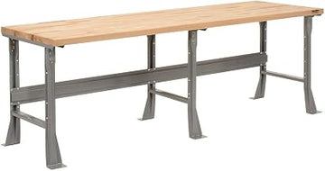 Global Industrial Fixed Height Workbench Flared Leg, 96" W x 36" D x 34" H, 1-3/4" Maple Top Square Edge, Gray