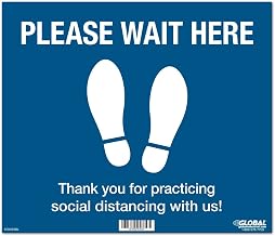 Global Industrial Blue Please Wait Here Floor Sign, 14"W x 12"H, Vinyl Adhesive