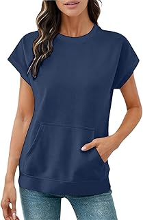 Women's Summer Trendy Tops with Kangaroo Pockets Short Sleeve Crewneck Sweatshirts Light Casual Everyday Athletic T-Shirts