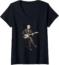 Women's Winston Churchill Playing Guitar Rocker Humor Vintage V-Neck T-Shirt