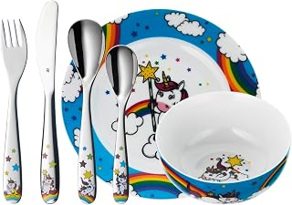 WMF Unicorn Children's Crockery Set 6 Pieces 3-9 Years Stainless Steel Cromargan Polished Dishwasher-Safe, Steel, Silver, 40 x 25 x 10 cm