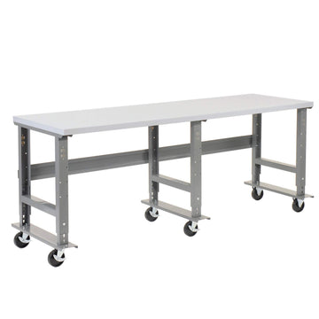 Mobile Adjustable Height Extra Long Industrial Workbench by Global Industrial – 30"L x 96"W x 4"H, Plastic, Gray, Model 601429A