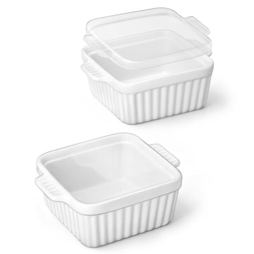 Malacasa Ceramic Baking Dishes, 5.5 x 5.5 Inch Square with Silicone Lids, Set of 2, White