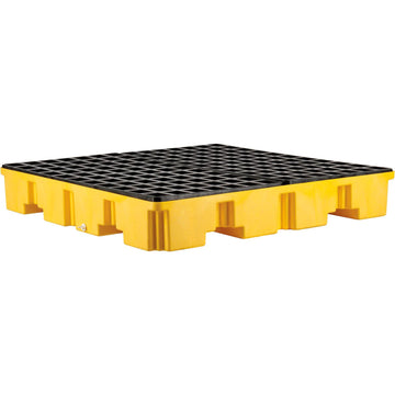 4 Drum Low Profile Spill Containment Pallet with Drain by Global Industrial – 51.5"L x 51.5"W x 8"H, Polyethylene, Yellow & Black, Model 989073