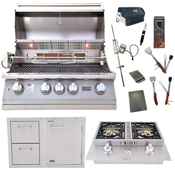 32-Inch Liquid Propane Grill L75000 and Double Side Burner with Lion Door and Drawer Combination Unit with 5 in 1 BBQ Tool Set Best of Backyard Gourmet Package Deal by Lion