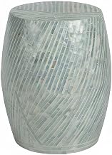 Furnifact Mother of Pearl Mosaic Accent Table with Capiz Shell Finish, Round Drum Coffee Table Pedestal End Table for Coastal Living Room, Blue