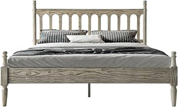 Queen Size Bed Frame, Solid Wood Platform Bed with Headboard & Footboard, Central Metal Legs, 12 Sturdy Slatted Base, Anti-Noise & Slip-Free, No Box Spring Needed, Weathered Gray Oak Finish WCQ-34