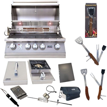 32-Inch Propane Grill with Single Side Burner and 5 in 1 BBQ Tool Set Best of Backyard Gourmet Package Deal by Lion Premium Grills – Stainless Steel, Model L75000
