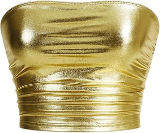Women's Metallic Tube Top Y2k Ruched Strapless Ruched Bandeau Shirts Party Club Rave Crop Tops