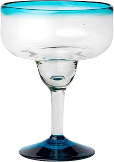 10 Strawberry Street Aqua Rim Margarita Handblown Mexican Glass, Set of 6