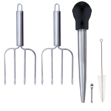 Home Servz Turkey Baster and Poultry Fork Set, Stainless Steel, Black and Silver