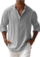 Men Casual Linen-Like Shirts Long Sleeve Button Solid Color Summer Shirt