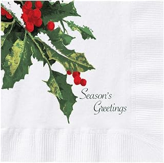 Hoffmaster 831340 Holly Greetings Printed Beverage Napkin, 2-Ply, 1/4 Fold, 10" Width x 10" Length (4 Packs of 250) (Pack of 1000)