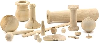 Hygloss 95010 Unfinished Wood Turning, Assorted Craft Shapes with Pegs, Bead, Tacks, Sticks, Balls, Discs, Spools, 1 lb., Natural