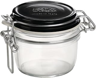 Bormioli Rocco Fido Glass Jar with Airtight Gasket Clamp Lid for Canning and Preserving, or Storing Pasta and Dry Foods, Black Top, 4.25 oz., Set of 12
