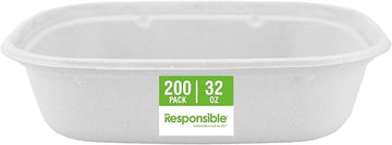 Responsible Products 32 oz Rectangle Bowls I Tree-Less™ Compostable Molded Fiber Disposable Bowls I Extra Strength I NO-PFAS I Classic White (200 Count)