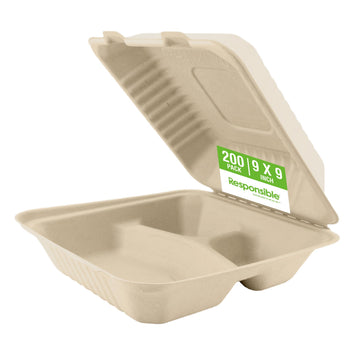 9 inch 3-Compartment Hinged Containers by Responsible Products – Other, Natural Brown, Model RP-9X9-3CHC-NPA-200
