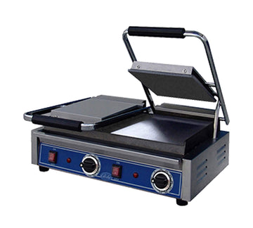 Bistro Electric Countertop Smooth Panini Double Grill by Globe – Stainless Steel, Blue, Model GSGDUE10