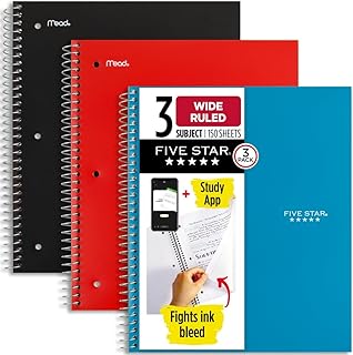 Five Star Spiral Notebook + Study App, 3 Pack, 3 Subject, Wide Ruled Paper, 8" x 10-1/2", Tidewater Blue, Fire Red, Black (930081)