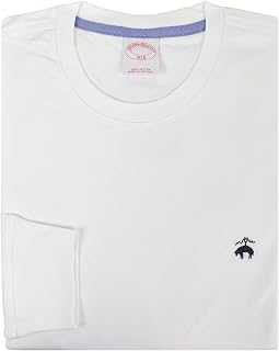 Brooks Brothers Men's All Cotton Golden Fleece Embroidery Solid Long Sleeve Crewneck Tee T-Shirt (185887 White/Navy Blue Logo, XX-Large)
