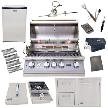 32-Inch Natural Gas Grill L75000 with 4 Ceramic Tubes w/ Flame Tray and Door and Drawer Combo and Single Side Burner and Refrigerator and 5 in 1 BBQ Tool Set Best of Backyard