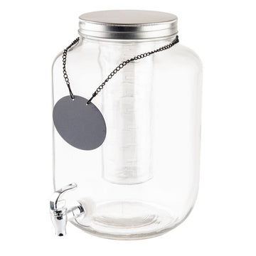 2 Gallon Mason Jar Glass Beverage Dispenser, 7.75" x 10.25" x 12.25", Includes Chrome Plated Faucet, Ice Corer, Infuser, Black Chalkboard Necklace, Ideal for Parties by Tablecraft