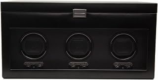 WOLF Heritage Triple Winder with Storage, Black - Secure Fit with Patented Lock-In Dynamic Cuff - For Bigger, Heavier Watches - Vegan Leather & Glass Cover - Includes Universal Adapter