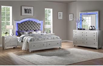 Shiney Silver 4-Piece Bedroom Set with LED Lighting, King