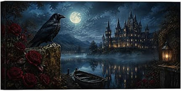 Gothic Full Moon Castle Black Raven Red Rose Framed Wall Art Dark Romantic Lakeside Nightscape (Framed,12 * 24in)