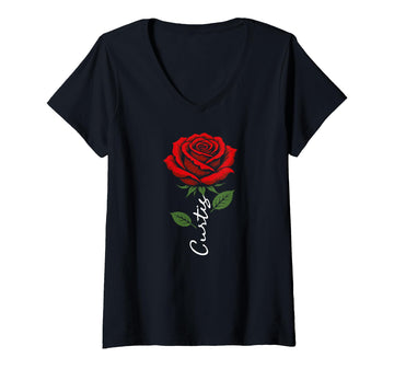 Women's Curtis Red Flower Art First Name for Men Kids Boys V-Neck T-Shirt by Rose Floral Botanical Personalized Name Designs – Black, Model CGQF10EZ45F