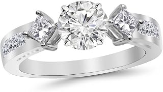2.75 Carat 14K White Gold Channel Set Past Present Future 3 Stone Princess GIA Certified Round Cut Diamond Engagement Ring (2 Ct E Color VS2 Clarity Center Stone)