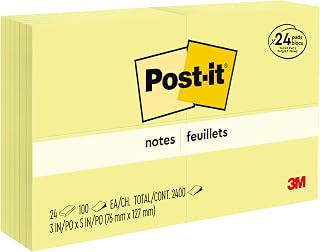 Post-it Notes 3 in x 3 in, 24 Pads, America's #1 Favorite Sticky Notes, Canary Yellow, Clean Removal, Recyclable (655-24VAD)