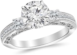 2.5 Carat 14K White Gold Past Present Future 3 Stone Princess Cut Channel Set GIA Certified Round Cut Diamond Engagement Ring (2 Ct E Color SI2 Clarity Center Stone)