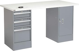 Global Industrial Pedestal Workbench, 3 Drawers & 1 Cabinet, Gray Pedestal | 60"W x 30"D x 33-1/4"H, 1-1/4" Thick ESD Top with Square Edge, 4000 Lbs Capacity, Unassembled