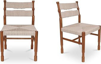 RAF Outdoor Dining Chair, Teak Wood, Woven Synthetic Hyacinth, Ladder Back, Turned Details, Natural - Set of 2
