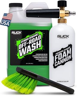 Slick Products Off-Road Wash (64 oz.) + Pressure Washer Foam Cannon + Scrub Brush – Super Concentrated ATV, UTV, Dirt Bike, Jeep & Truck Wash Foam Shampoo for Heavy Mud and Dirt