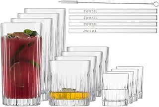 Schott Zwiesel Set de verres Stage (set de 17), 4 gracieux verres à long drink, à whisky et à schnaps avec relief, 4 pailles et 1 brosse, verres en cristal résistant au lave-vaisselle (art. n° 124010) | Straight-lined drinking glasses with relief, dishwasher-safe crystal glass