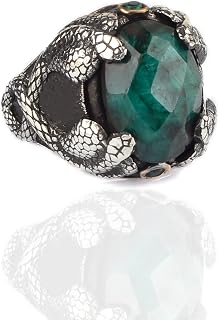 Emerald Stone Men Silver Ring, 925 Sterling Silver King Cobra Snake Ring, Handmade Engraved Turkish Silver Ring with Natural Emerald Stone gifts for men handmade rings valentines day gifts for him
