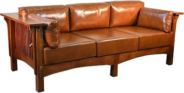 Starlight Canyon Home Solid Wood Leather-Upholstered Sofa with Quarter Sawn Oak Frame, Mission Style Leather Couch for Living Room, Michael's Cherry