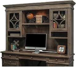 Starlight Wood Hutch with Glass Doors, 3 Adjustable Shelves, 2 Open Compartments, Metal Accents, Gray Finish, Credenza Top