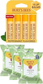 Burt's Bees Bundle - Original Beeswax Lip Balm, 4 Tubes, 0.15 oz. + Aloe Vera Face Wipes, for Sensitive Skin, Makeup Remover & Facial Cleansing Towelettes, 30 Ct. (3-Pack)