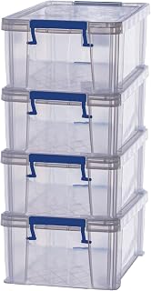 Bankers Box 4x 10L Plastic Storage Boxes with Lids. ProStore Super Strong Stackable Plastic Storage Boxes (14 x 34 x 21.5cm), Made in the UK, Clear