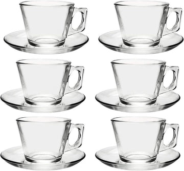 12-Piece Vela Cups With Saucers Set by Pasabahce – 3.35 inches (W) x 2.56 inches (H), 6 cups, Glass, Clear, Model PS97302
