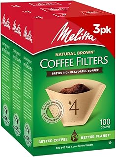 Melitta #4 Unbleached Coffee Filters, Premium, Natural Brown, Flavor Enhancing Coffee Filters for 8-12 Cup Coffee Makers, Kosher Certified, Compostable, 100 Count (Pack of 3)