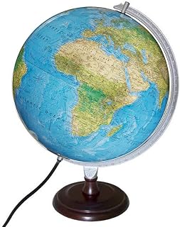 Toledo Illuminated 12" Diameter Globe, USA Cartography with Cherry Finsihed Hardwood Base and Blue Ocean Globe Ball. A sleek hardwood base and riser offer a unique cherry finish to this Replogle Toledo globe. When illuminated, this globe contains a vegetational map on the outside and political map on the inside.
